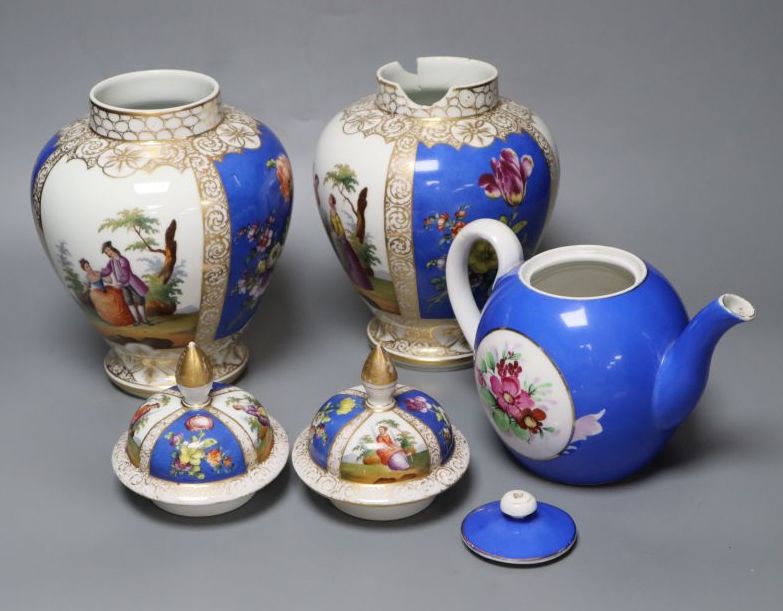 A pair of Helena Wolfsohn vases with covers in early Meissen style, 27cm and three other items